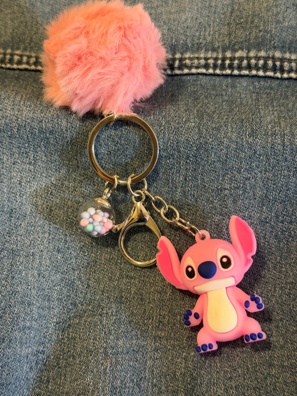 Pink Stitch-Inspired Plush Keychain with Pom Pom and Bead Charm